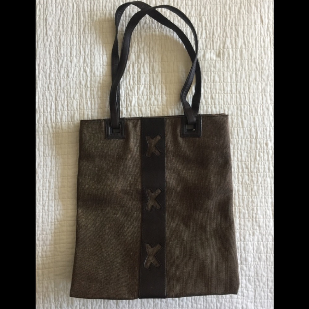 Paloma Picasso brown linen tote bag w/trim
